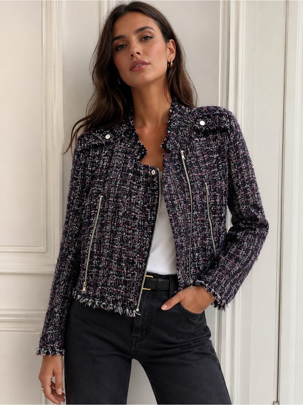 Zara Black and Purple Tweed Zip-Front Blazer